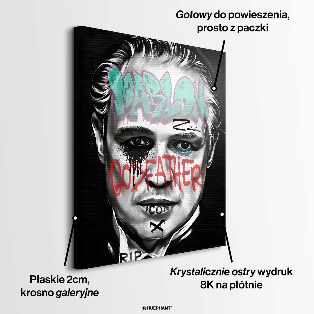 Czarno-biały obraz na płótnie Marlon Brando z filmu Ojciec Chrzestny. Wydruk galeryjny pop art z niebieskim napisem Marlon i czerwonym tekstem Godfather.