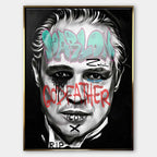 Czarno-biały obraz na płótnie Marlon Brando z filmu Ojciec Chrzestny. Wydruk galeryjny pop art z niebieskim napisem Marlon i czerwonym tekstem Godfather.