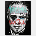 Czarno-biały obraz na płótnie Marlon Brando z filmu Ojciec Chrzestny. Wydruk galeryjny pop art z niebieskim napisem Marlon i czerwonym tekstem Godfather.