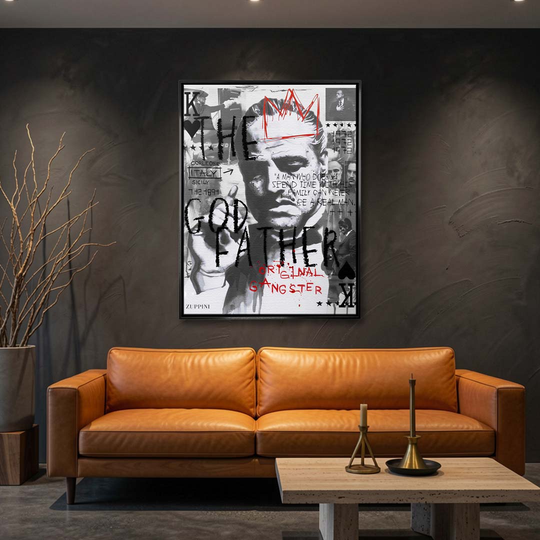 Czarno-biały obraz na płótnie Godfather OG. Filmowy kolaż pop art z portretem Don Corleone, czerwoną koroną i angielskim cytatem o rodzinie i prawdziwym mężczyźnie.