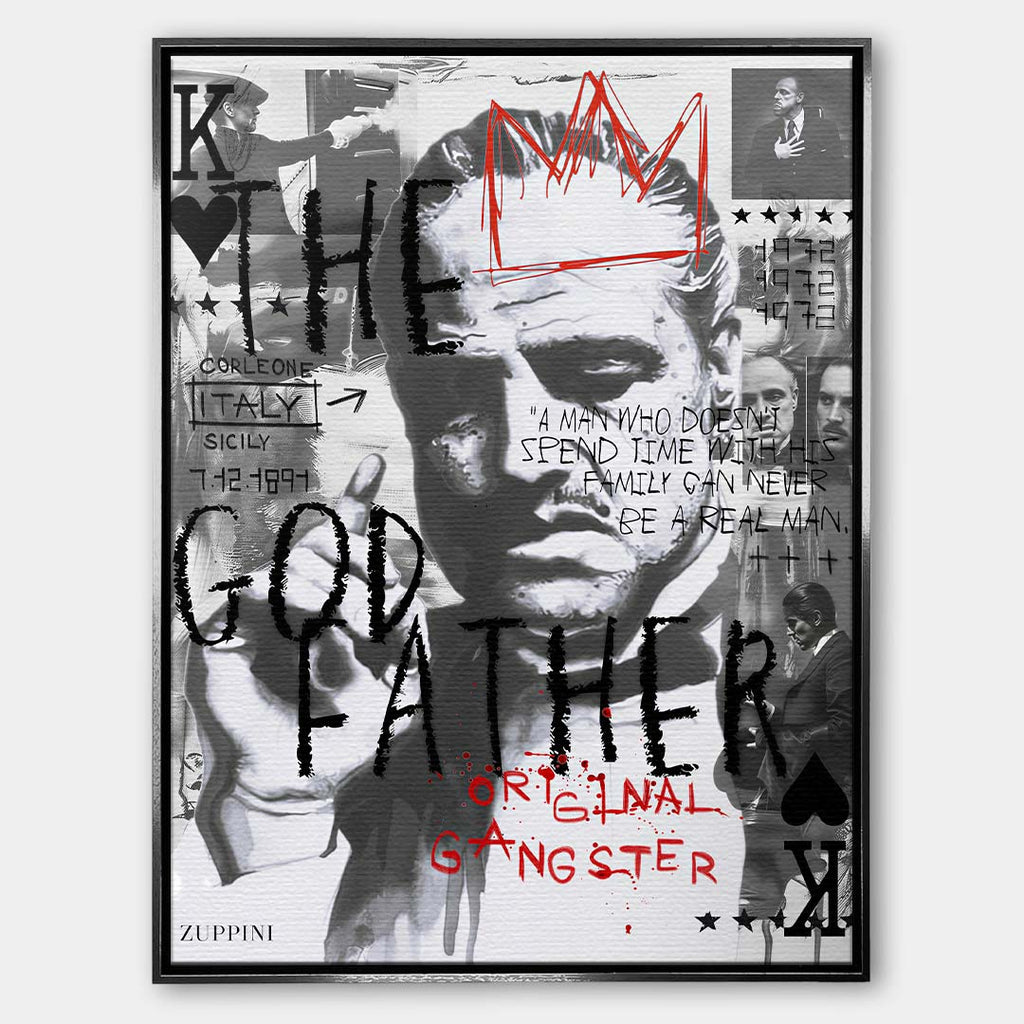 Czarno-biały obraz na płótnie Godfather OG. Filmowy kolaż pop art z portretem Don Corleone, czerwoną koroną i angielskim cytatem o rodzinie i prawdziwym mężczyźnie.