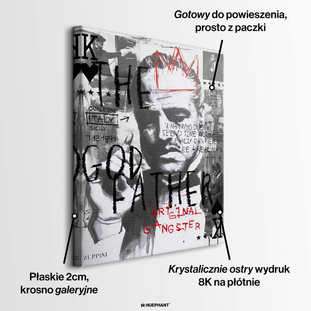 Czarno-biały obraz na płótnie Godfather OG. Filmowy kolaż pop art z portretem Don Corleone, czerwoną koroną i angielskim cytatem o rodzinie i prawdziwym mężczyźnie.