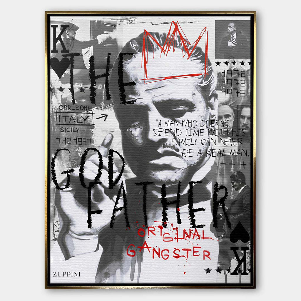 Czarno-biały obraz na płótnie Godfather OG. Filmowy kolaż pop art z portretem Don Corleone, czerwoną koroną i angielskim cytatem o rodzinie i prawdziwym mężczyźnie.