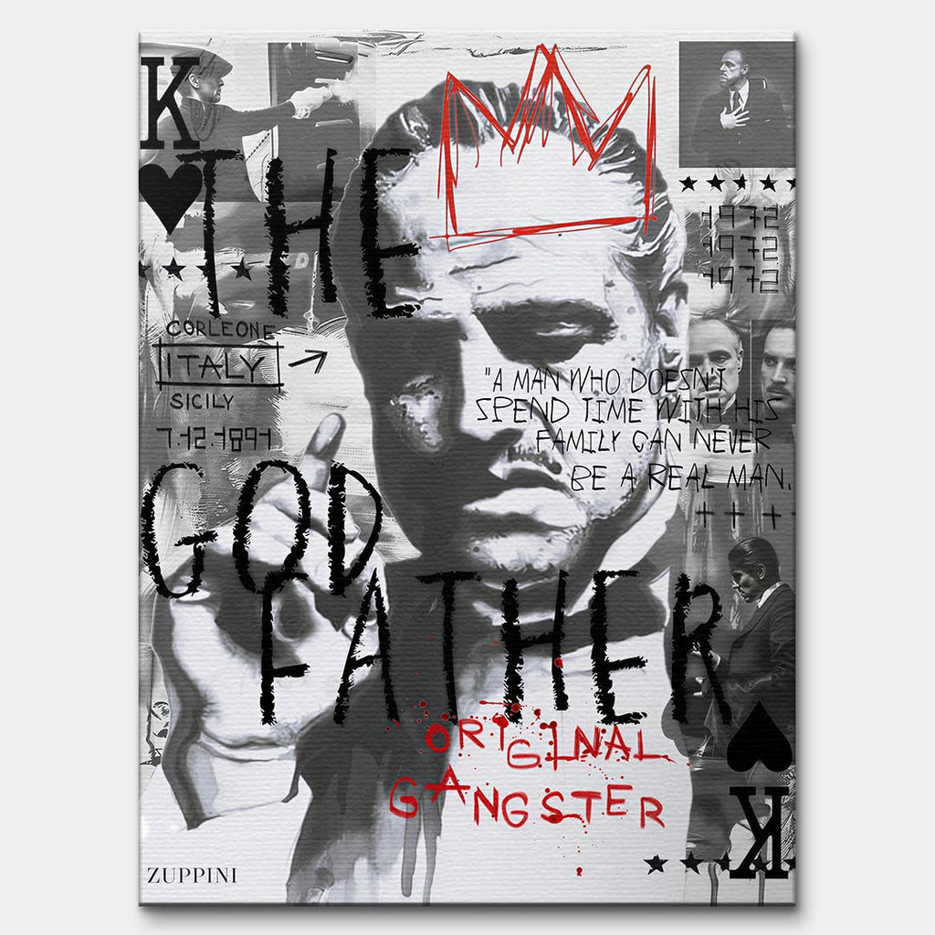 Czarno-biały obraz na płótnie Godfather OG. Filmowy kolaż pop art z portretem Don Corleone, czerwoną koroną i angielskim cytatem o rodzinie i prawdziwym mężczyźnie.