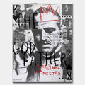 Czarno-biały obraz na płótnie Godfather OG. Filmowy kolaż pop art z portretem Don Corleone, czerwoną koroną i angielskim cytatem o rodzinie i prawdziwym mężczyźnie.