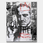 Czarno-biały obraz na płótnie Godfather OG. Filmowy kolaż pop art z portretem Don Corleone, czerwoną koroną i angielskim cytatem o rodzinie i prawdziwym mężczyźnie.
