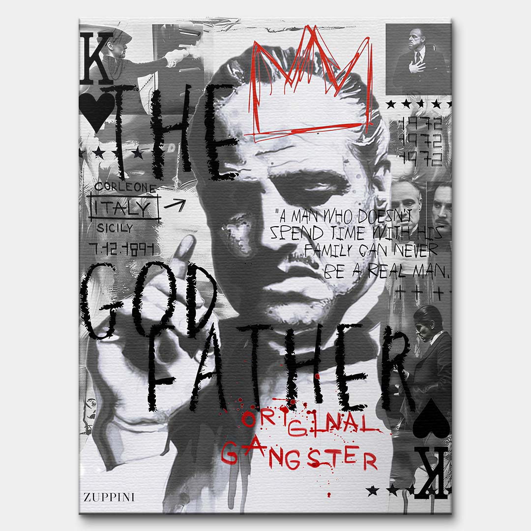 Czarno-biały obraz na płótnie Godfather OG. Filmowy kolaż pop art z portretem Don Corleone, czerwoną koroną i angielskim cytatem o rodzinie i prawdziwym mężczyźnie.