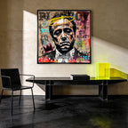Obraz na płótnie Godfather Pop Icon. Nowoczesny pop-art i street-art z twarzą Don Corleone. Ekskluzywny wydruk galeryjny idealny do biura i salonu.
