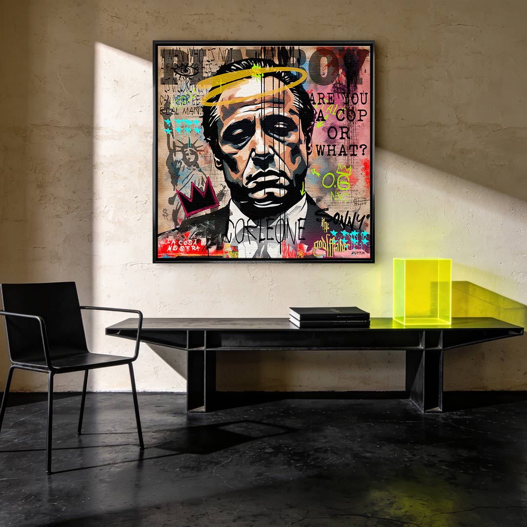 Obraz na płótnie Godfather Pop Icon. Nowoczesny pop-art i street-art z twarzą Don Corleone. Ekskluzywny wydruk galeryjny idealny do biura i salonu.