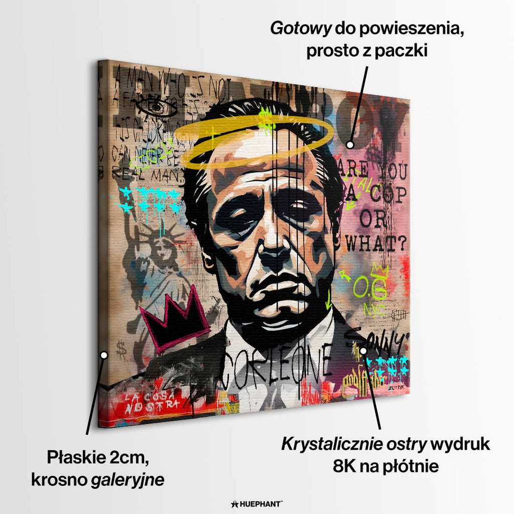 Obraz na płótnie Godfather Pop Icon. Nowoczesny pop-art i street-art z twarzą Don Corleone. Ekskluzywny wydruk galeryjny idealny do biura i salonu.