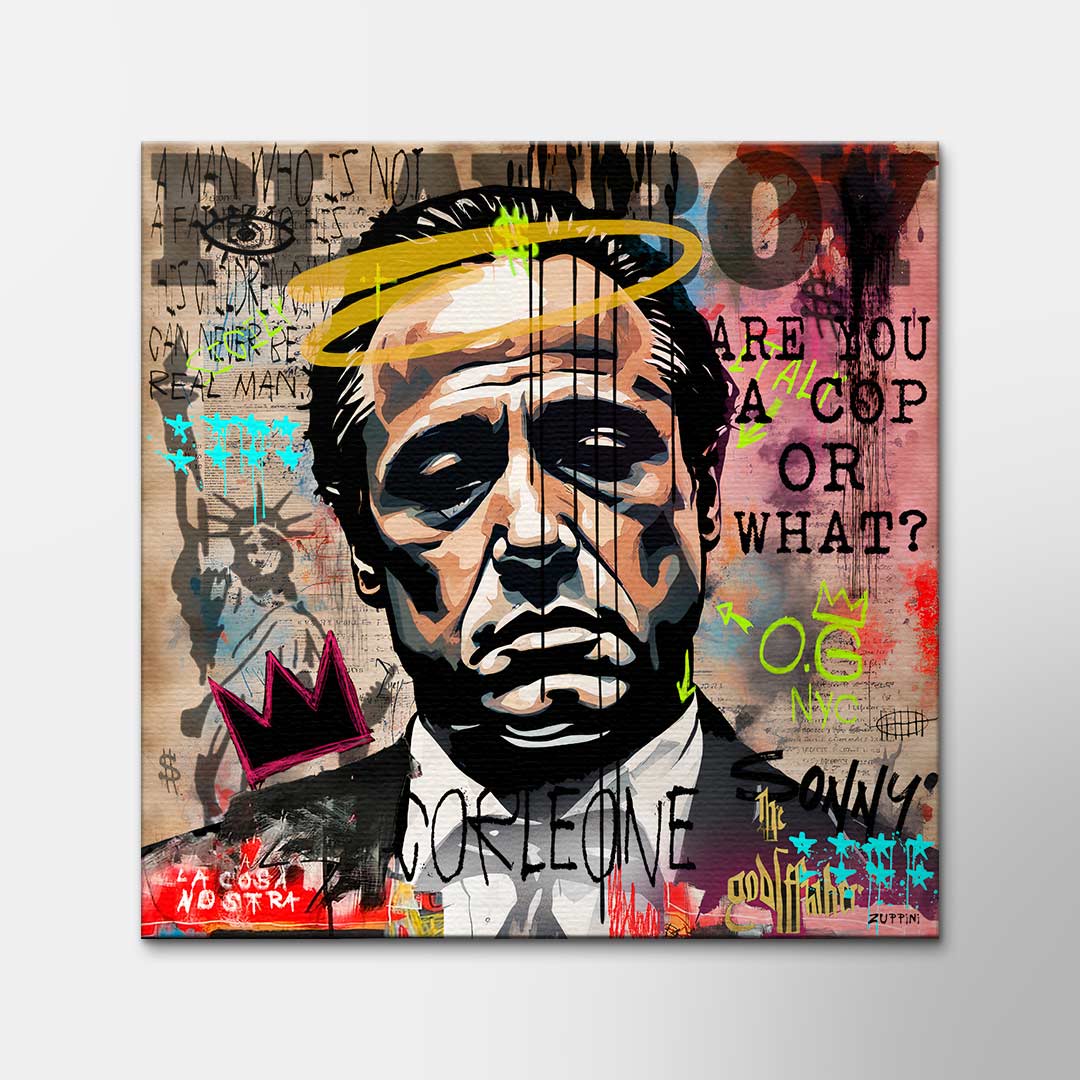 Obraz na płótnie Godfather Pop Icon. Nowoczesny pop-art i street-art z twarzą Don Corleone. Ekskluzywny wydruk galeryjny idealny do biura i salonu.