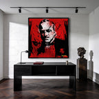 Obraz na płótnie Godfather Red, portret Don Vito Corleone w stylu pop-art i graffiti, czerwone tło, wydruk galeryjny Huephant, limitowana edycja 84 sztuk.