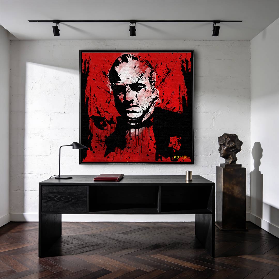Obraz na płótnie Godfather Red, portret Don Vito Corleone w stylu pop-art i graffiti, czerwone tło, wydruk galeryjny Huephant, limitowana edycja 84 sztuk.