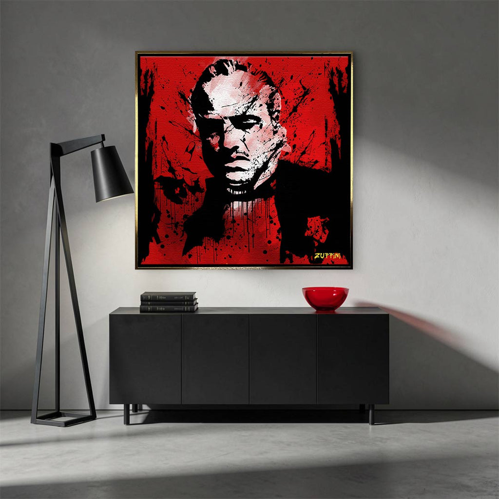 Obraz na płótnie Godfather Red, portret Don Vito Corleone w stylu pop-art i graffiti, czerwone tło, wydruk galeryjny Huephant, limitowana edycja 84 sztuk.