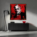 Obraz na płótnie Godfather Red, portret Don Vito Corleone w stylu pop-art i graffiti, czerwone tło, wydruk galeryjny Huephant, limitowana edycja 84 sztuk.