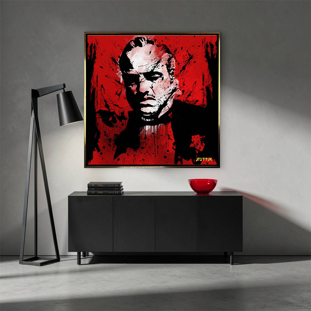 Obraz na płótnie Godfather Red, portret Don Vito Corleone w stylu pop-art i graffiti, czerwone tło, wydruk galeryjny Huephant, limitowana edycja 84 sztuk.