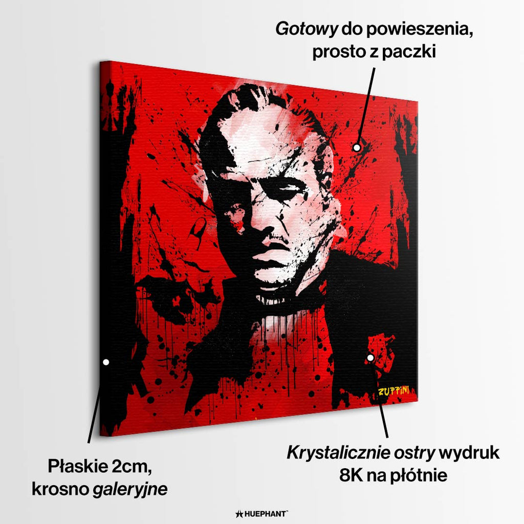 Obraz na płótnie Godfather Red, portret Don Vito Corleone w stylu pop-art i graffiti, czerwone tło, wydruk galeryjny Huephant, limitowana edycja 84 sztuk.