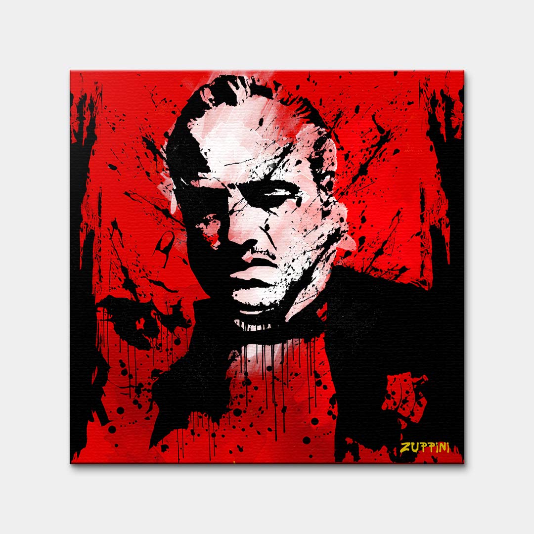 Obraz na płótnie Godfather Red, portret Don Vito Corleone w stylu pop-art i graffiti, czerwone tło, wydruk galeryjny Huephant, limitowana edycja 84 sztuk.