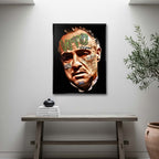 Obraz na płótnie z portretem Vito Corleone Ojca Chrzestnego w stylu graffiti pop-art z cytatem kinowym, nowoczesny i elegancki wydruk galeryjny.