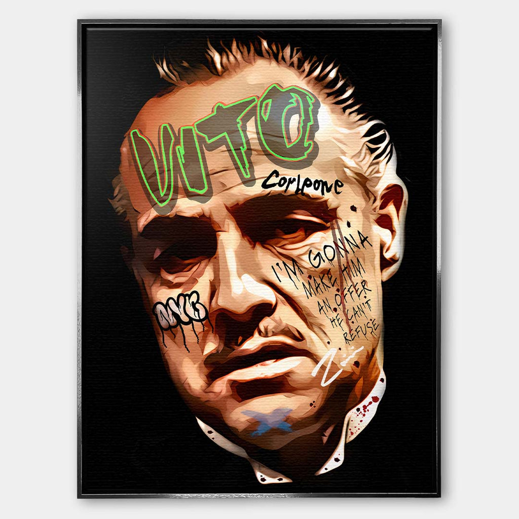 Obraz na płótnie z portretem Vito Corleone Ojca Chrzestnego w stylu graffiti pop-art z cytatem kinowym, nowoczesny i elegancki wydruk galeryjny.