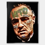 Obraz na płótnie z portretem Vito Corleone Ojca Chrzestnego w stylu graffiti pop-art z cytatem kinowym, nowoczesny i elegancki wydruk galeryjny.