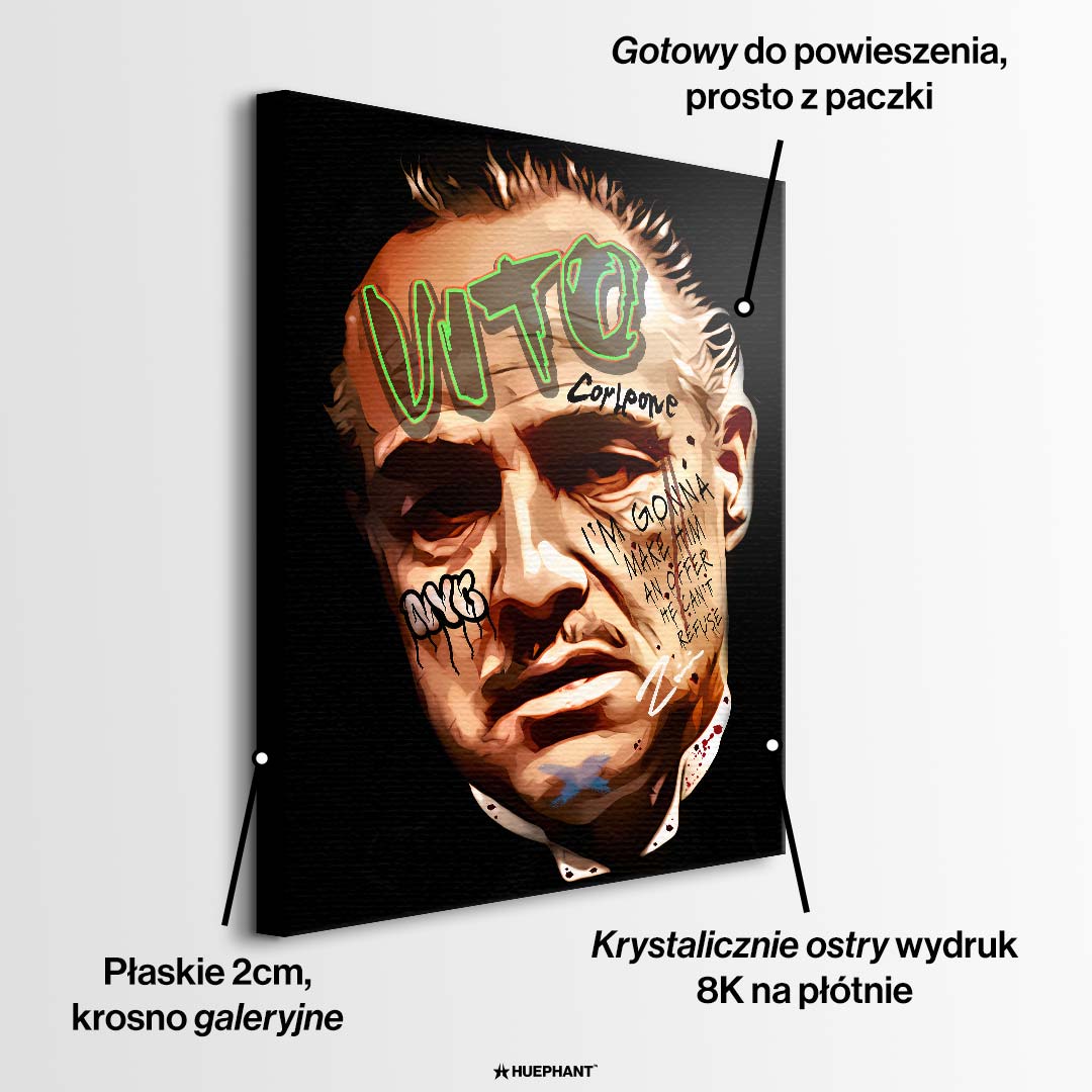 Obraz na płótnie z portretem Vito Corleone Ojca Chrzestnego w stylu graffiti pop-art z cytatem kinowym, nowoczesny i elegancki wydruk galeryjny.