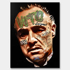 Obraz na płótnie z portretem Vito Corleone Ojca Chrzestnego w stylu graffiti pop-art z cytatem kinowym, nowoczesny i elegancki wydruk galeryjny.