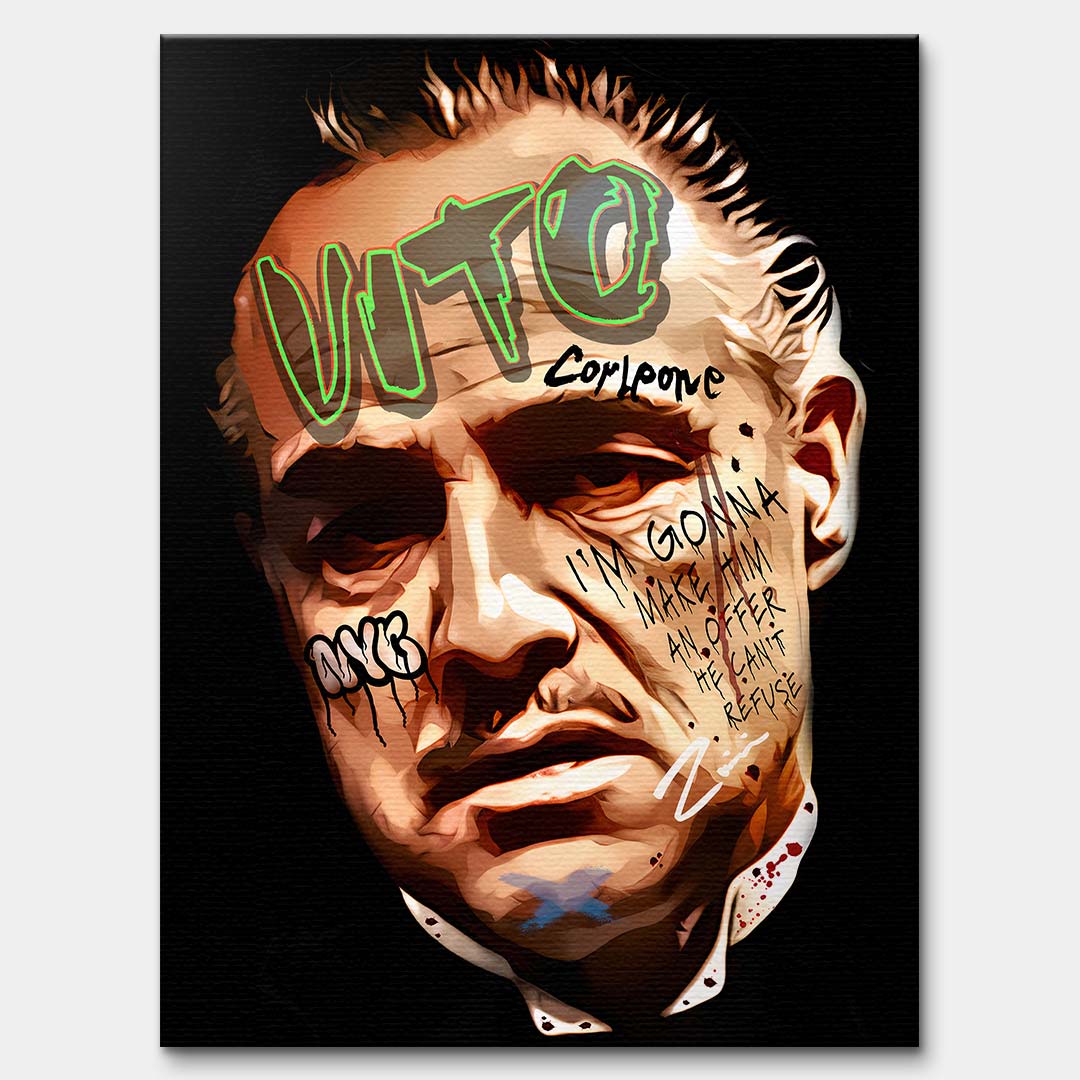 Obraz na płótnie z portretem Vito Corleone Ojca Chrzestnego w stylu graffiti pop-art z cytatem kinowym, nowoczesny i elegancki wydruk galeryjny.