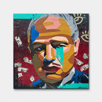 Obraz na płótnie przedstawiający nowoczesny portret Ojca Chrzestnego pop art z motywem dolarów, wydruk galeryjny, sztuka nowoczesna.