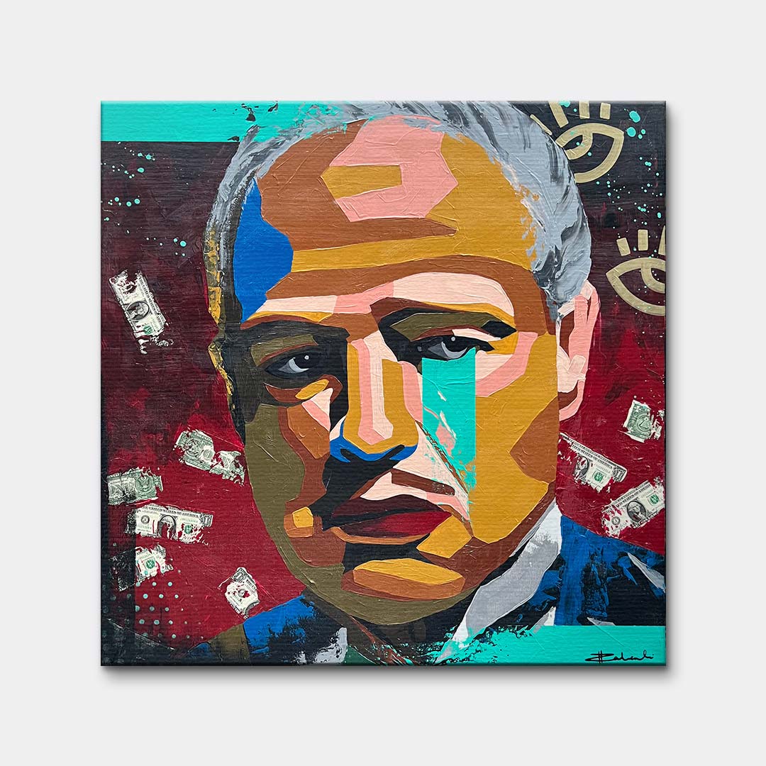 Obraz na płótnie przedstawiający nowoczesny portret Ojca Chrzestnego pop art z motywem dolarów, wydruk galeryjny, sztuka nowoczesna.