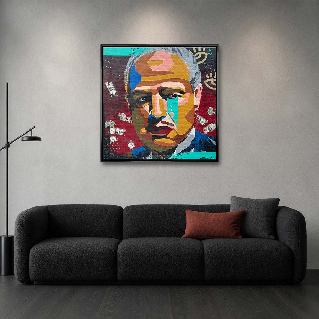 Obraz na płótnie przedstawiający nowoczesny portret Ojca Chrzestnego pop art z motywem dolarów, wydruk galeryjny, sztuka nowoczesna.