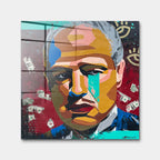 Obraz na szkle akrylowym przedstawiający nowoczesny portret Ojca Chrzestnego pop art z motywem dolarów, wydruk galeryjny, sztuka nowoczesna.