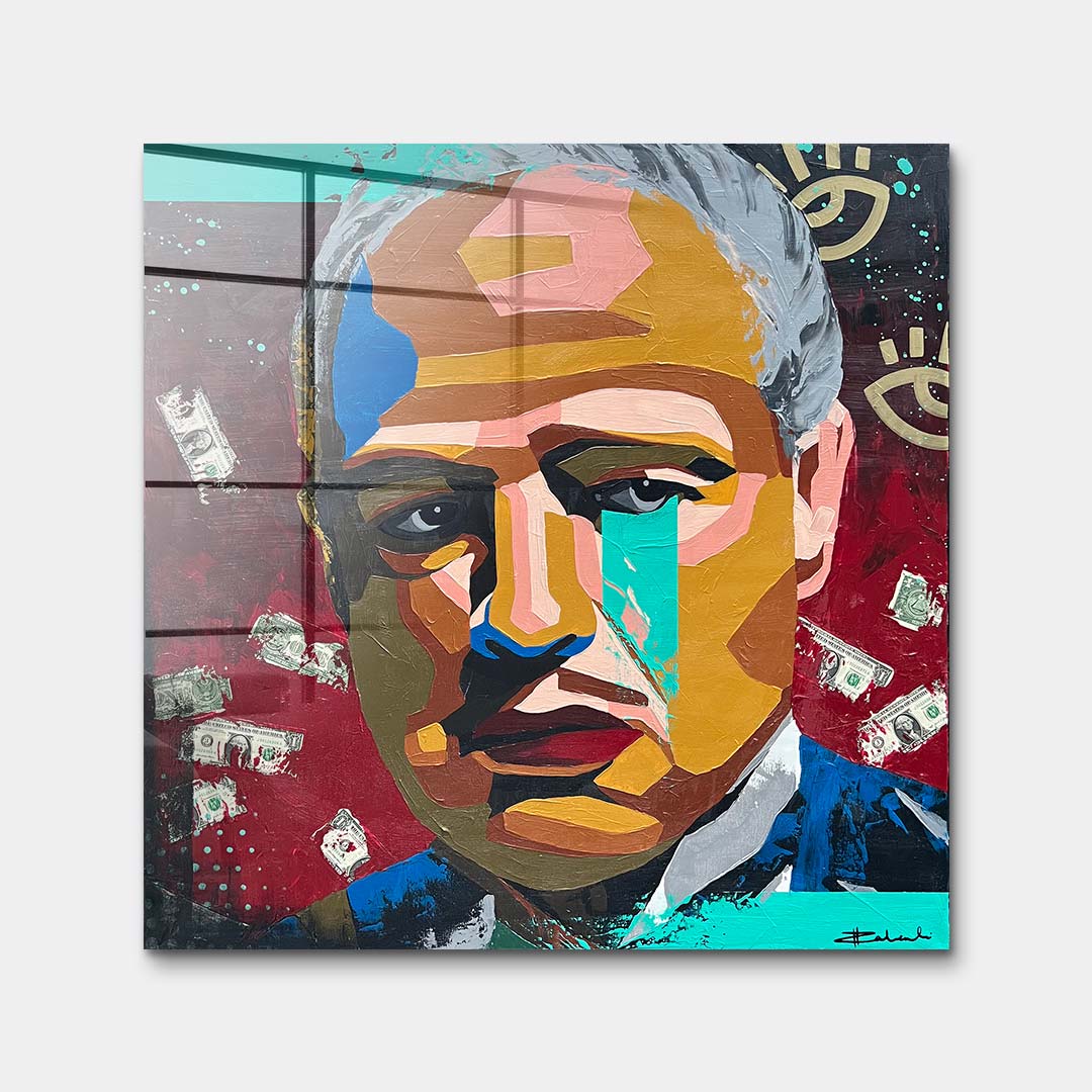 Obraz na szkle akrylowym przedstawiający nowoczesny portret Ojca Chrzestnego pop art z motywem dolarów, wydruk galeryjny, sztuka nowoczesna.