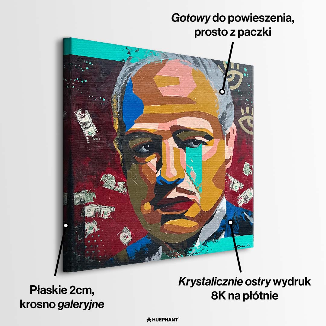 Obraz na płótnie przedstawiający nowoczesny portret Ojca Chrzestnego pop art z motywem dolarów, wydruk galeryjny, sztuka nowoczesna.