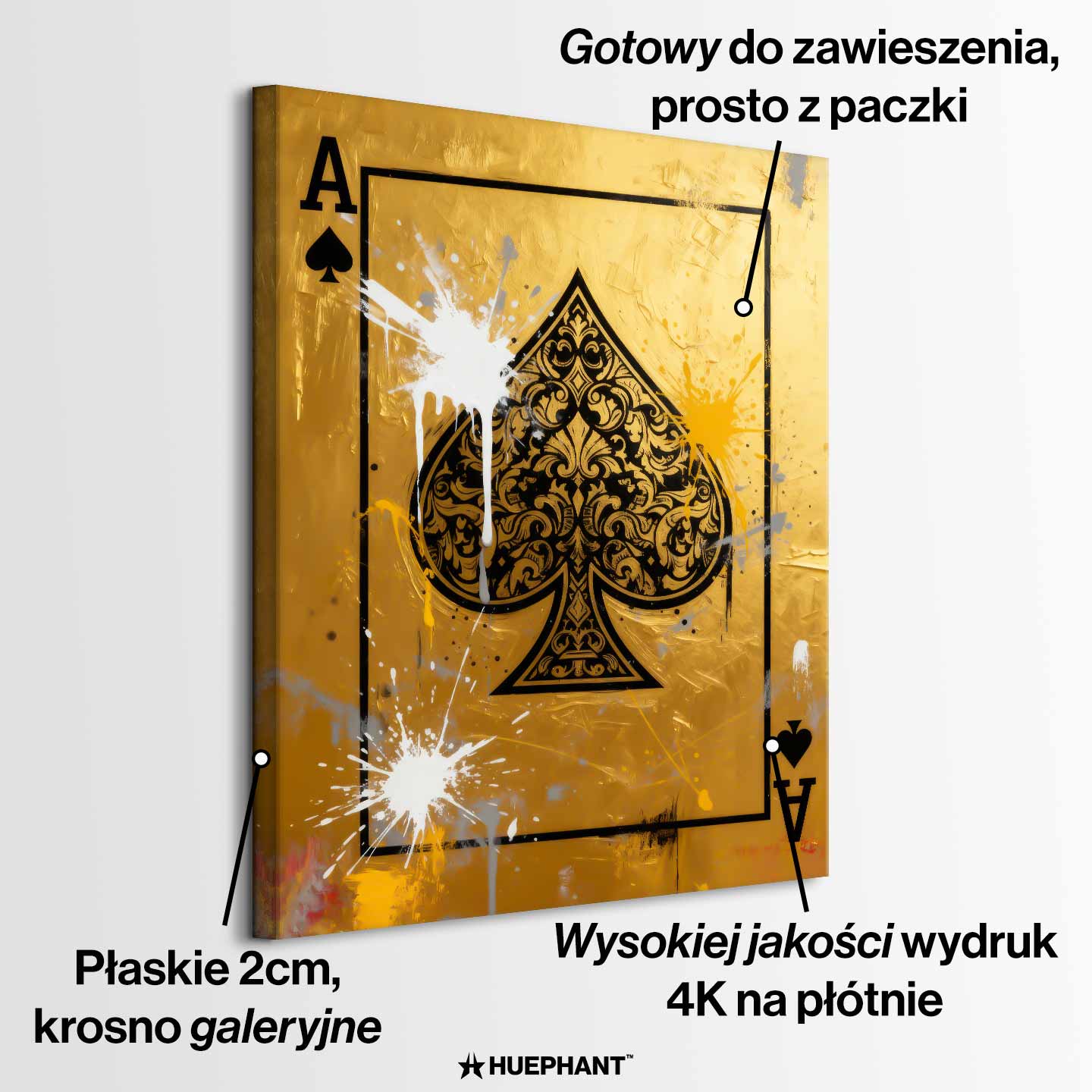 Obraz na płótnie Karta As Pik „Gold Ace” – złota karta as pik z czarnym ornamentem i artystycznymi rozpryskami farby, symbolizująca luksus, władzę i sukces.