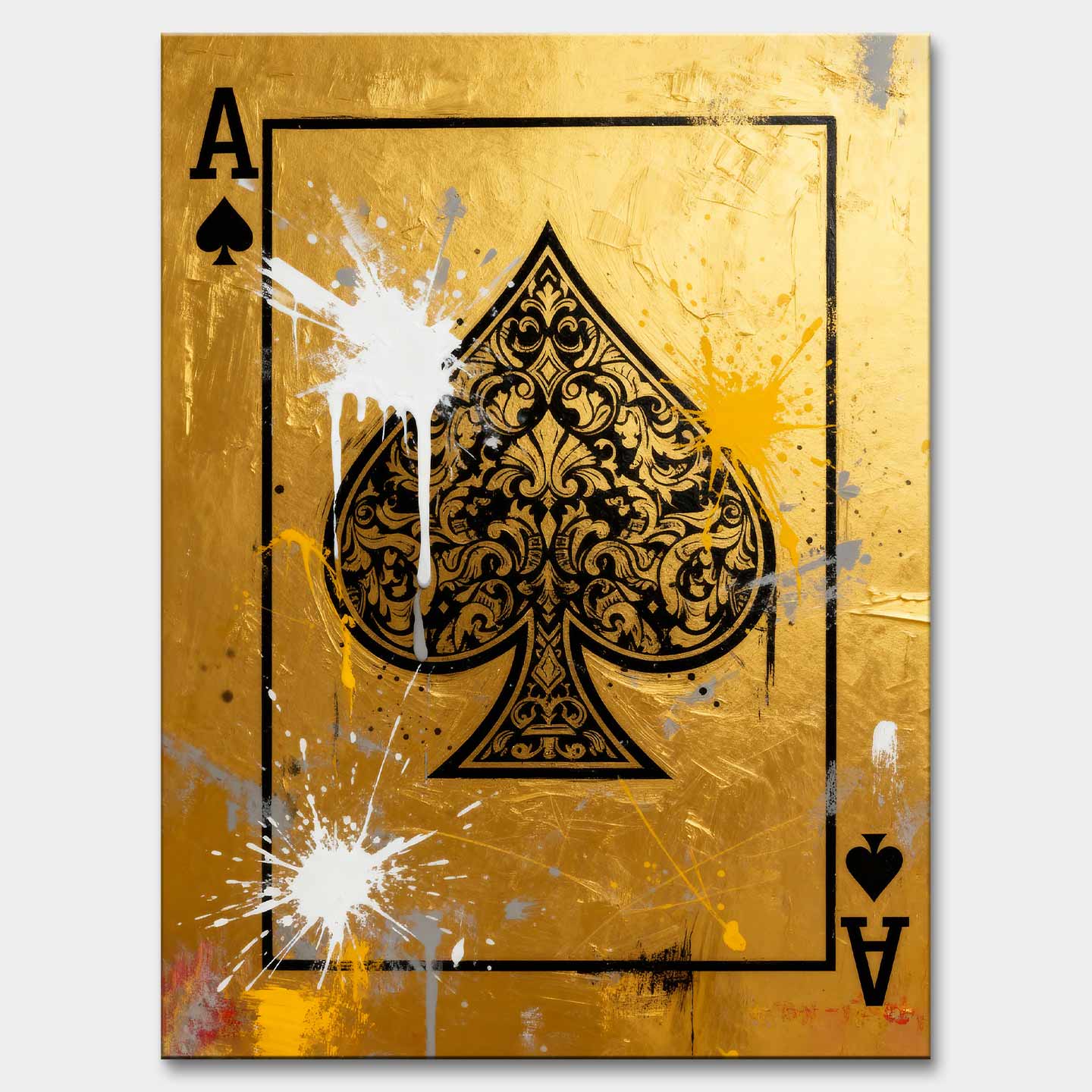 Obraz na płótnie Karta As Pik „Gold Ace” – złota karta as pik z czarnym ornamentem i artystycznymi rozpryskami farby, symbolizująca luksus, władzę i sukces.