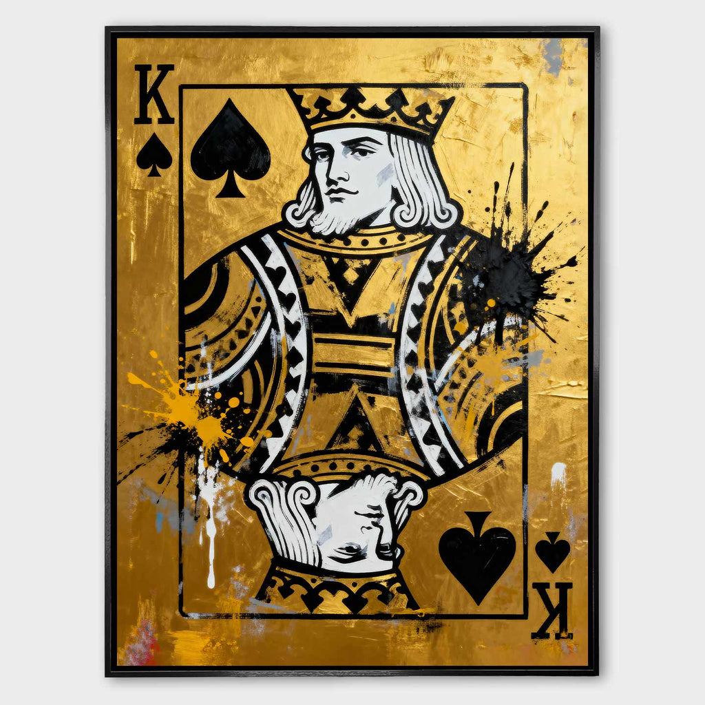 Luksusowy obraz na płótnie Karta Król Pik „Gold King” przedstawiający króla pik na złotym tle, symbolizujący władzę, siłę i pewność siebie.