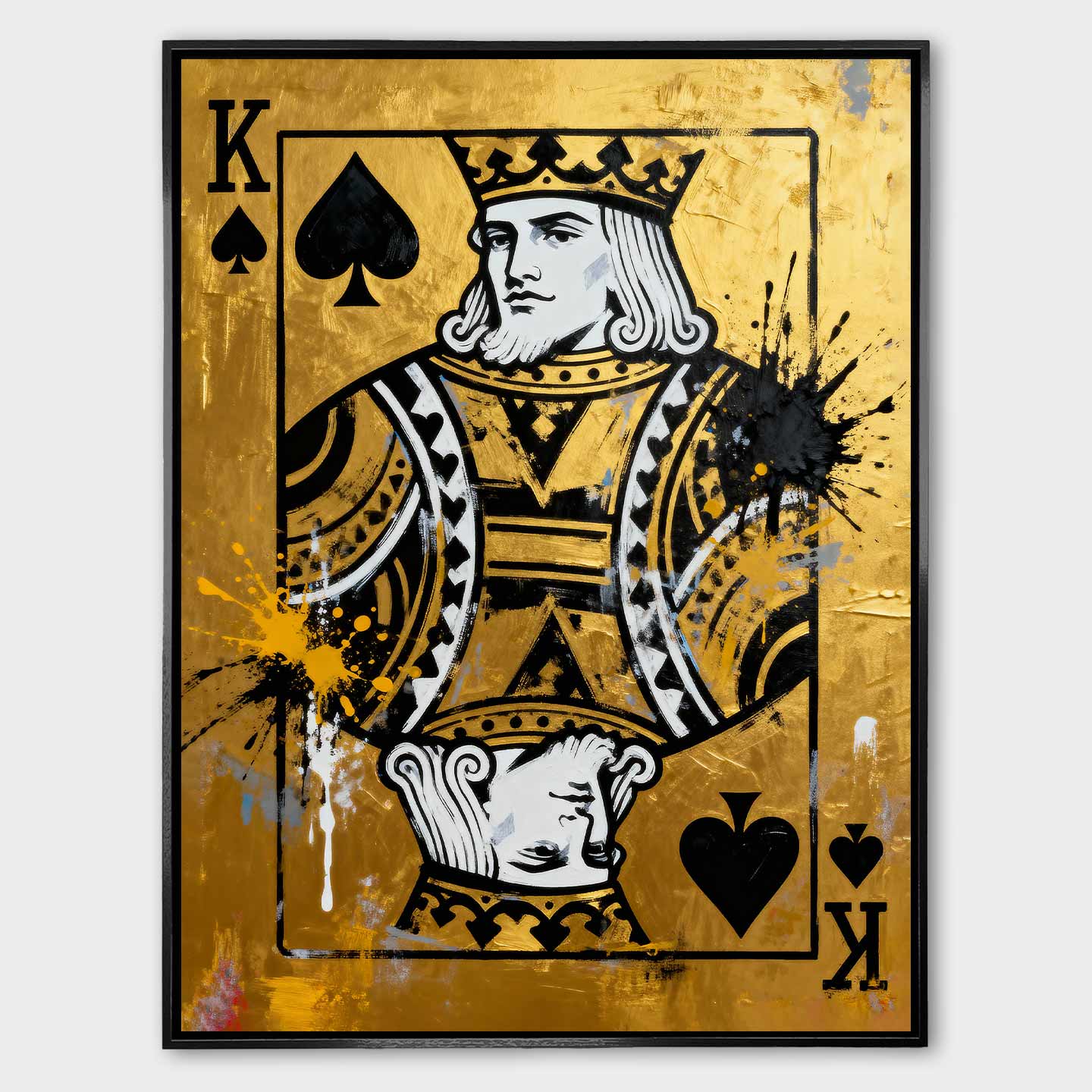 Luksusowy obraz na płótnie Karta Król Pik „Gold King” przedstawiający króla pik na złotym tle, symbolizujący władzę, siłę i pewność siebie.
