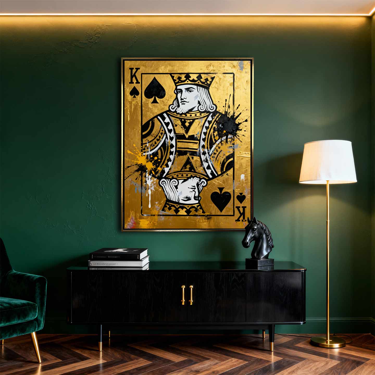Luksusowy obraz na płótnie Karta Król Pik „Gold King” przedstawiający króla pik na złotym tle, symbolizujący władzę, siłę i pewność siebie.