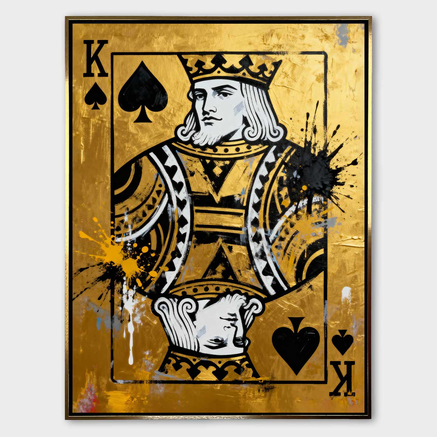 Luksusowy obraz na płótnie Karta Król Pik „Gold King” przedstawiający króla pik na złotym tle, symbolizujący władzę, siłę i pewność siebie.