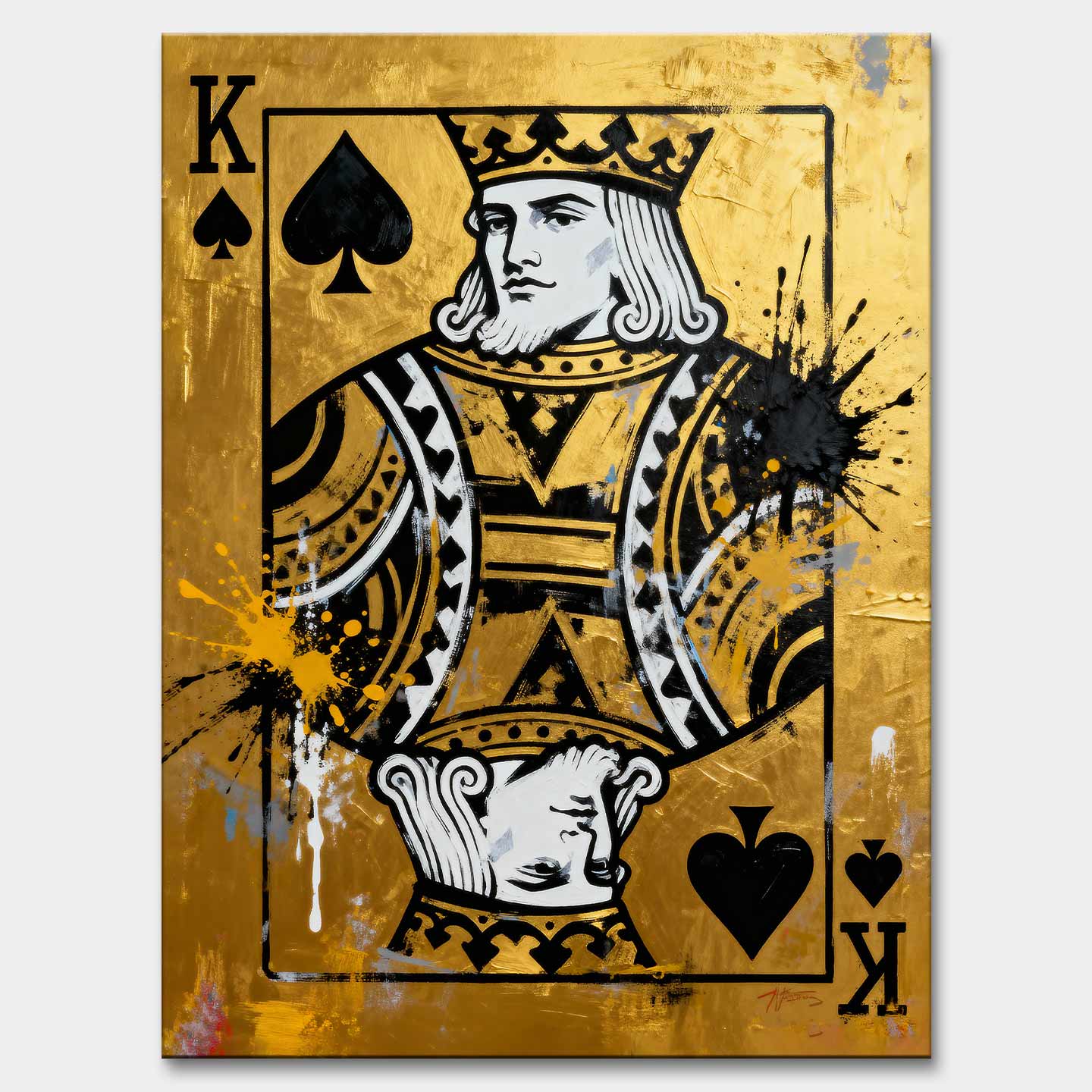 Luksusowy obraz na płótnie Karta Król Pik „Gold King” przedstawiający króla pik na złotym tle, symbolizujący władzę, siłę i pewność siebie.