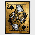 Obraz na płótnie Karta Królowa Pik Gold Queen przedstawiający Królową Pik na złotym tle – symbol siły, elegancji i luksusu, inspirowany stylem pop art i motywem kart do gry.