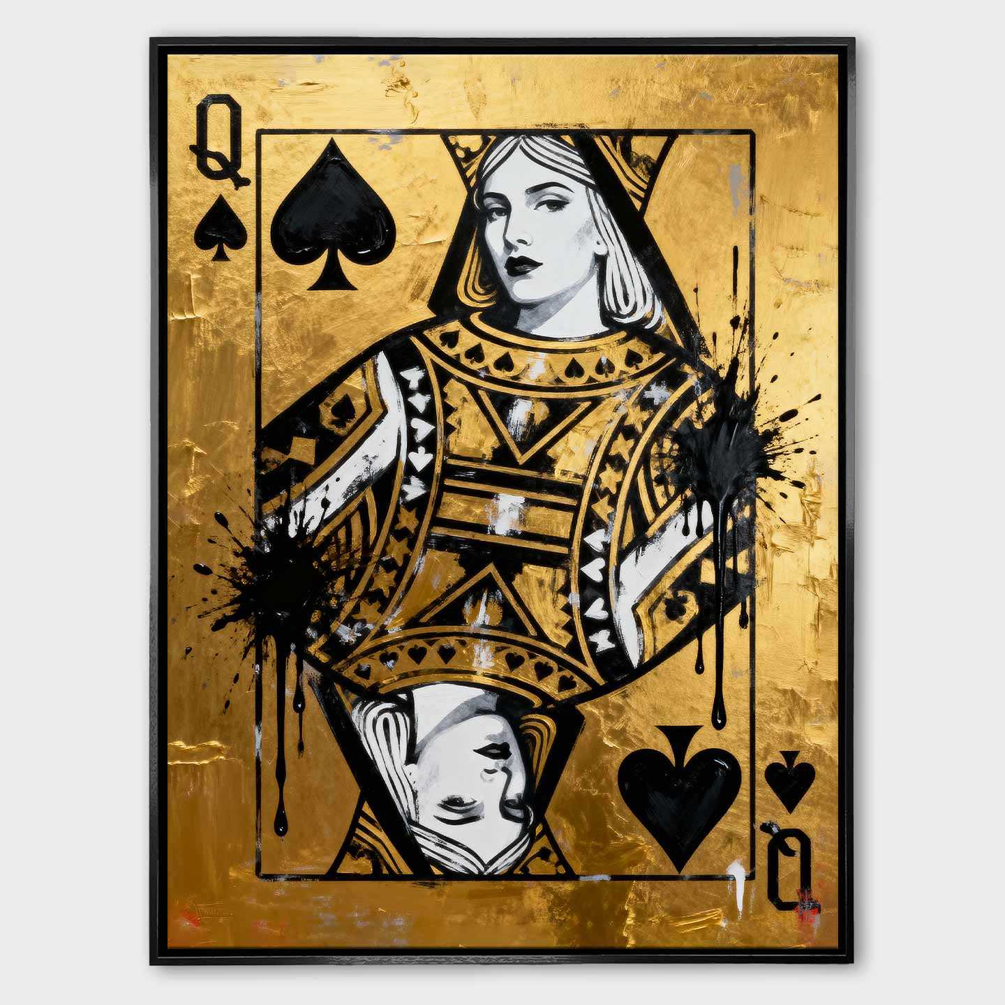 Obraz na płótnie Karta Królowa Pik Gold Queen przedstawiający Królową Pik na złotym tle – symbol siły, elegancji i luksusu, inspirowany stylem pop art i motywem kart do gry.