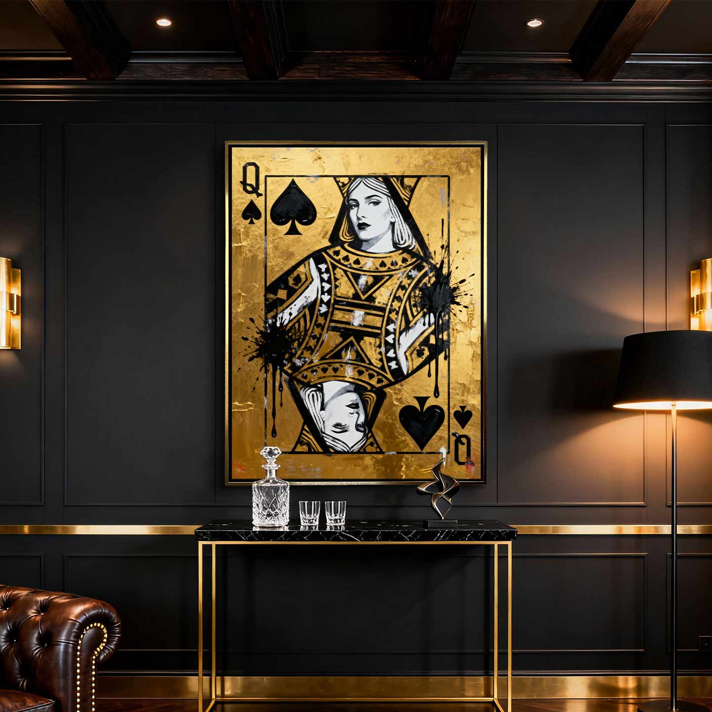 Obraz na płótnie Karta Królowa Pik Gold Queen przedstawiający Królową Pik na złotym tle – symbol siły, elegancji i luksusu, inspirowany stylem pop art i motywem kart do gry.
