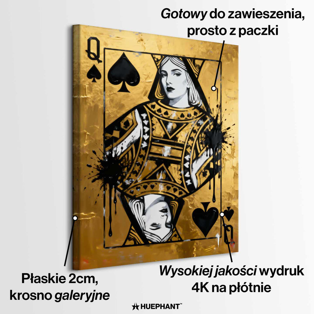 Obraz na płótnie Karta Królowa Pik Gold Queen przedstawiający Królową Pik na złotym tle – symbol siły, elegancji i luksusu, inspirowany stylem pop art i motywem kart do gry.
