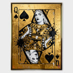Obraz na płótnie Karta Królowa Pik Gold Queen przedstawiający Królową Pik na złotym tle – symbol siły, elegancji i luksusu, inspirowany stylem pop art i motywem kart do gry.