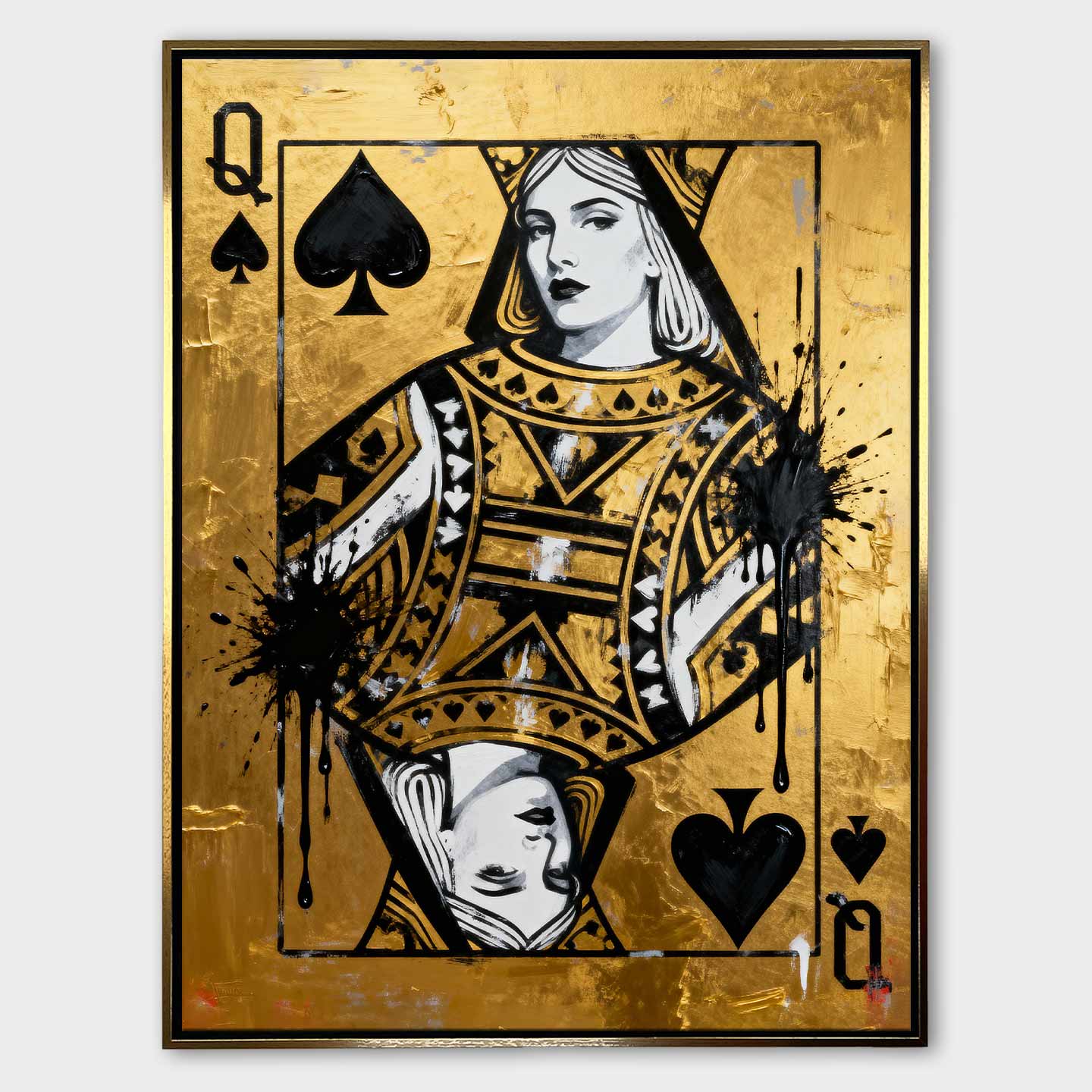 Obraz na płótnie Karta Królowa Pik Gold Queen przedstawiający Królową Pik na złotym tle – symbol siły, elegancji i luksusu, inspirowany stylem pop art i motywem kart do gry.