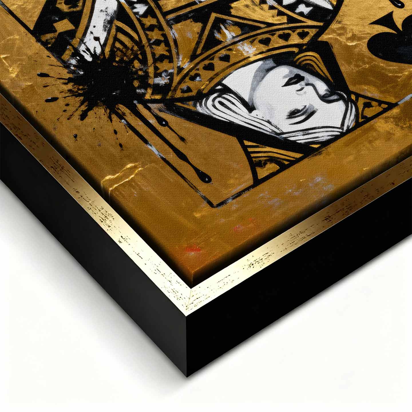 Obraz na płótnie Karta Królowa Pik Gold Queen przedstawiający Królową Pik na złotym tle – symbol siły, elegancji i luksusu, inspirowany stylem pop art i motywem kart do gry.