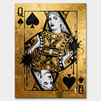 Obraz na płótnie Karta Królowa Pik Gold Queen przedstawiający Królową Pik na złotym tle – symbol siły, elegancji i luksusu, inspirowany stylem pop art i motywem kart do gry.