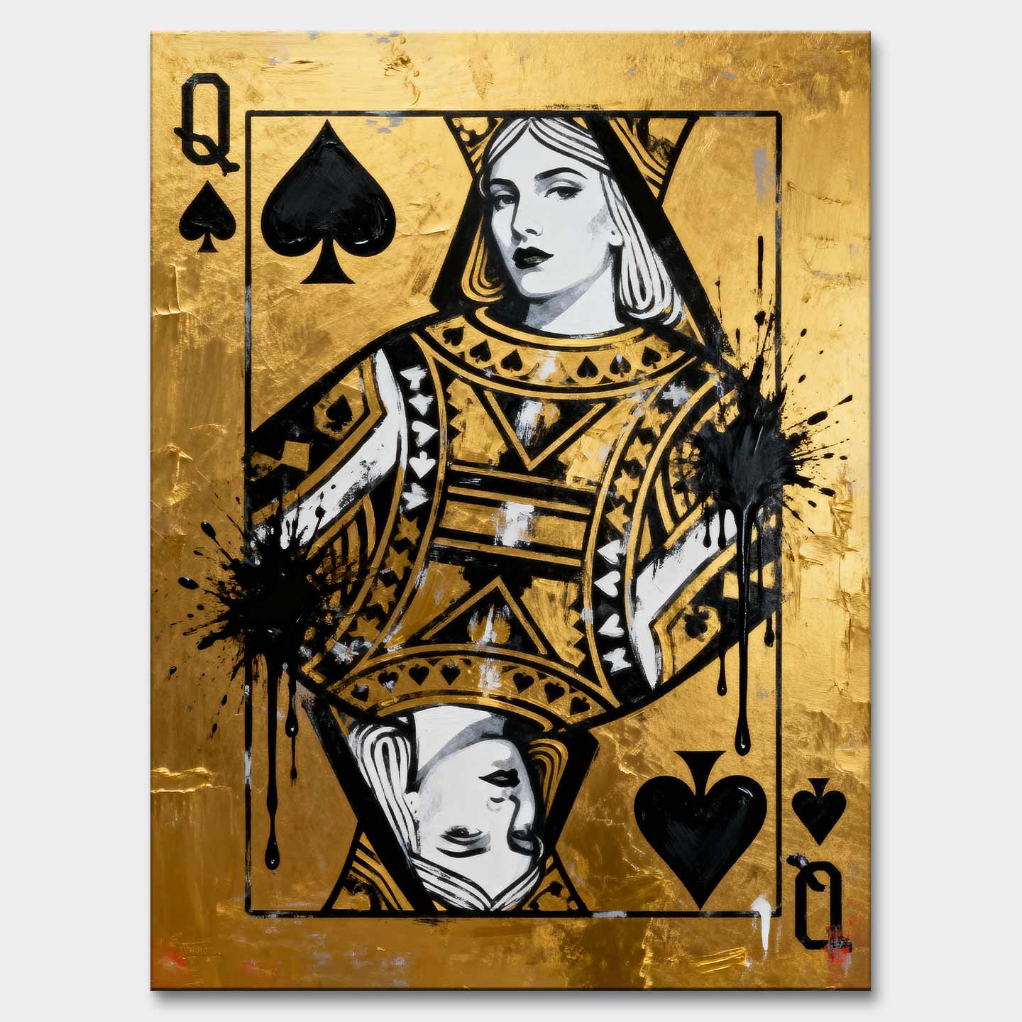 Obraz na płótnie Karta Królowa Pik Gold Queen przedstawiający Królową Pik na złotym tle – symbol siły, elegancji i luksusu, inspirowany stylem pop art i motywem kart do gry.